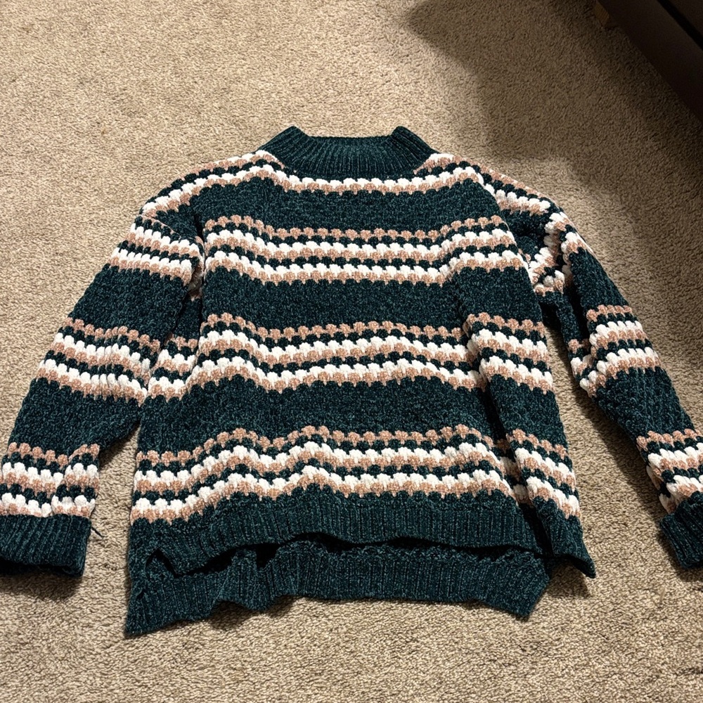 Striped Knit Sweater in Teal and Tan